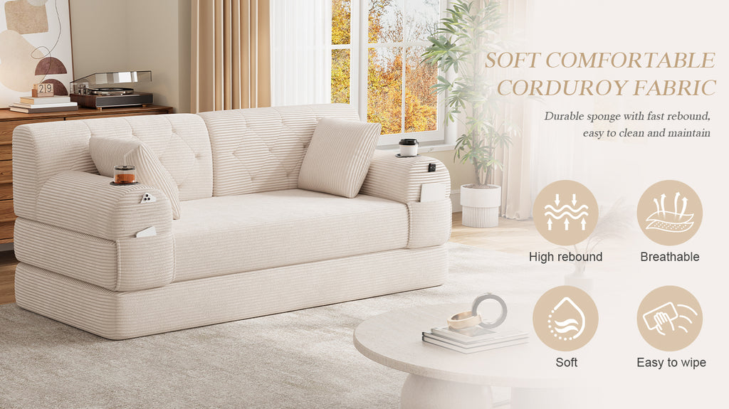 Beige Corduroy 2-Seater Sofa Bed — detail 17