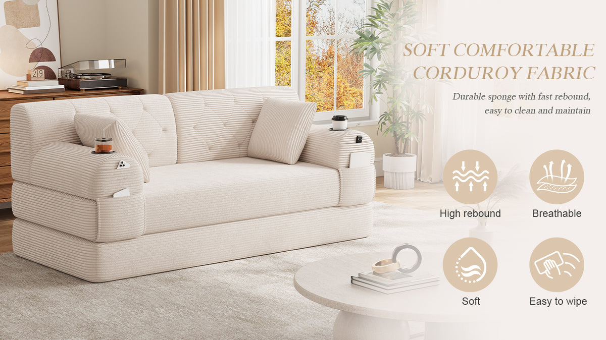 Beige Corduroy 2-Seater Sofa Bed — detail 17