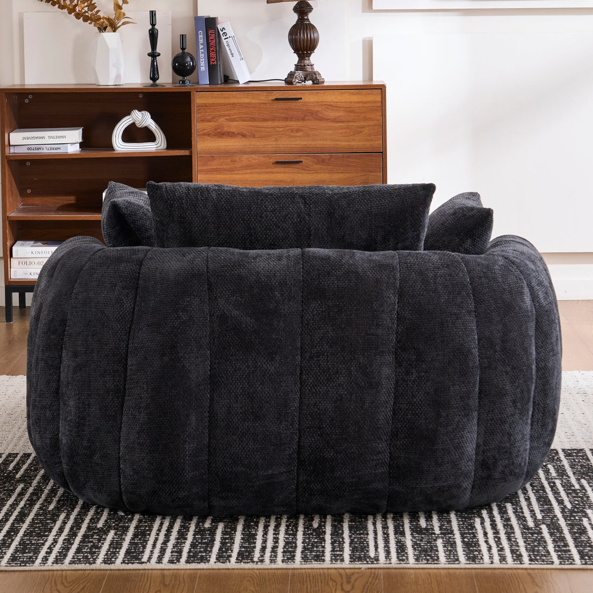 Black Oversized Chenille Chaise Lounge with Pillows — detail 3