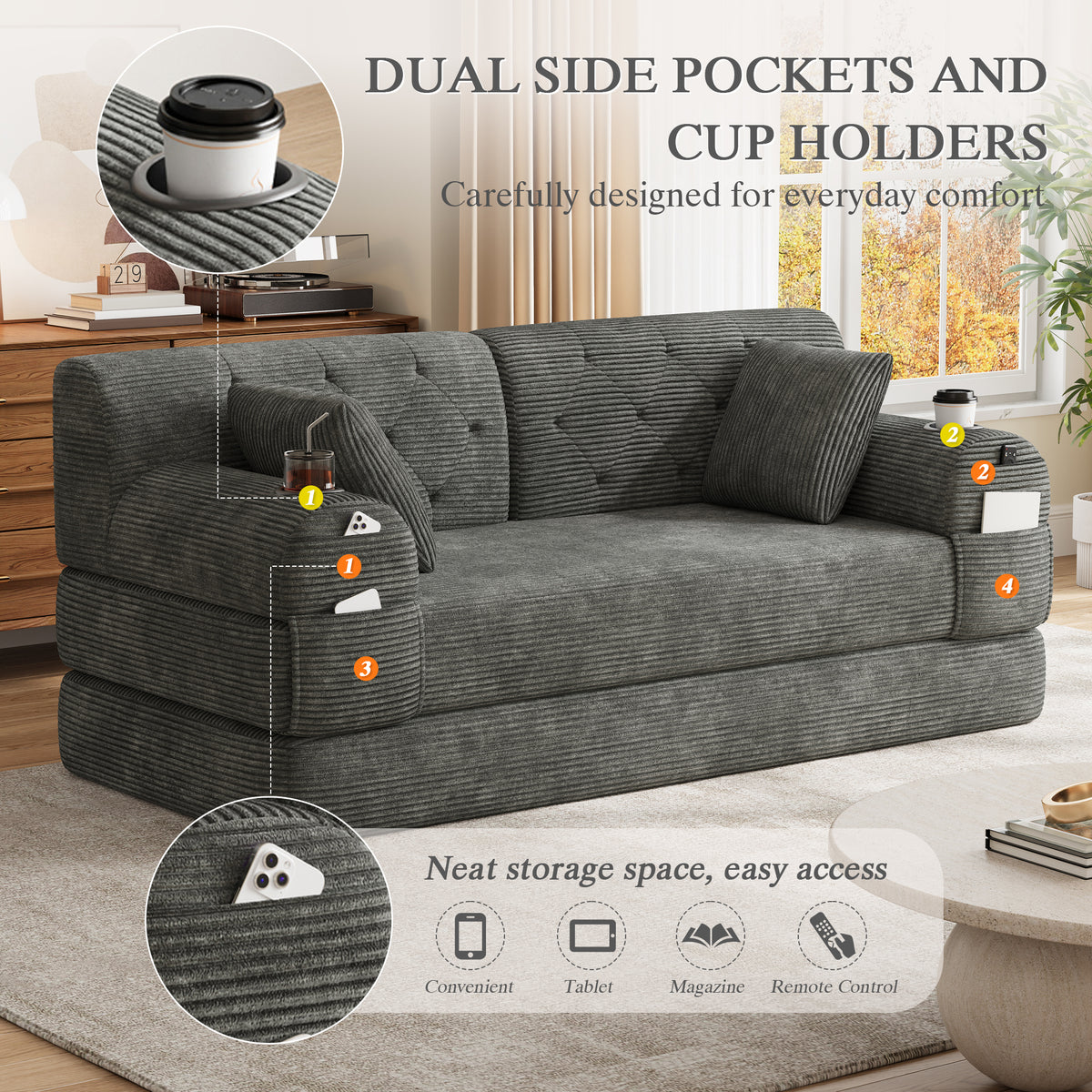 Dark Grey Corduroy 2-Seater Sofa Bed — detail 4