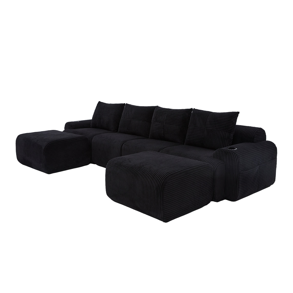 Black Corduroy 4-Seater Modular Sofa with Two Ottomans — detail 20