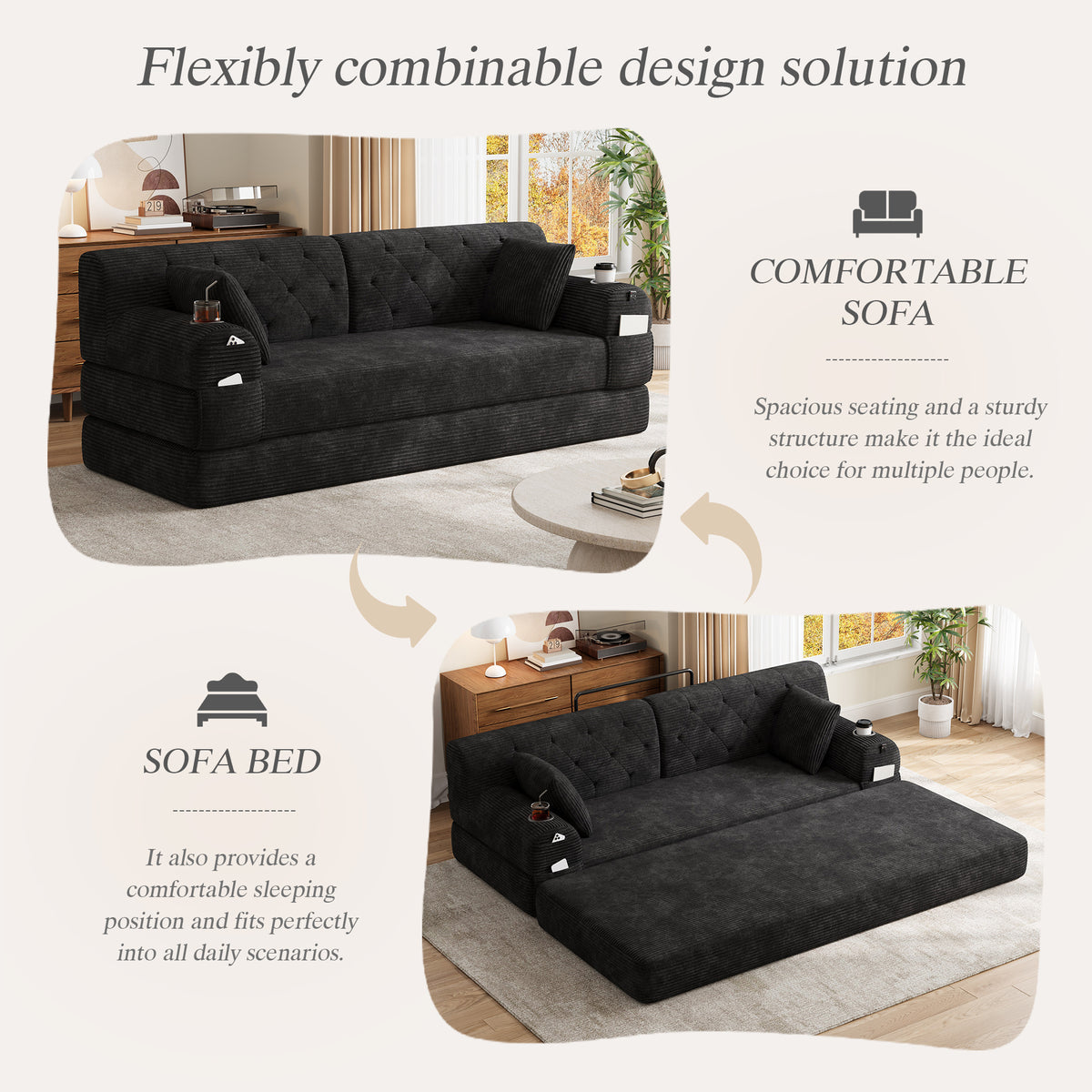 Black Corduroy 3-Seater Sofa Bed — detail 3