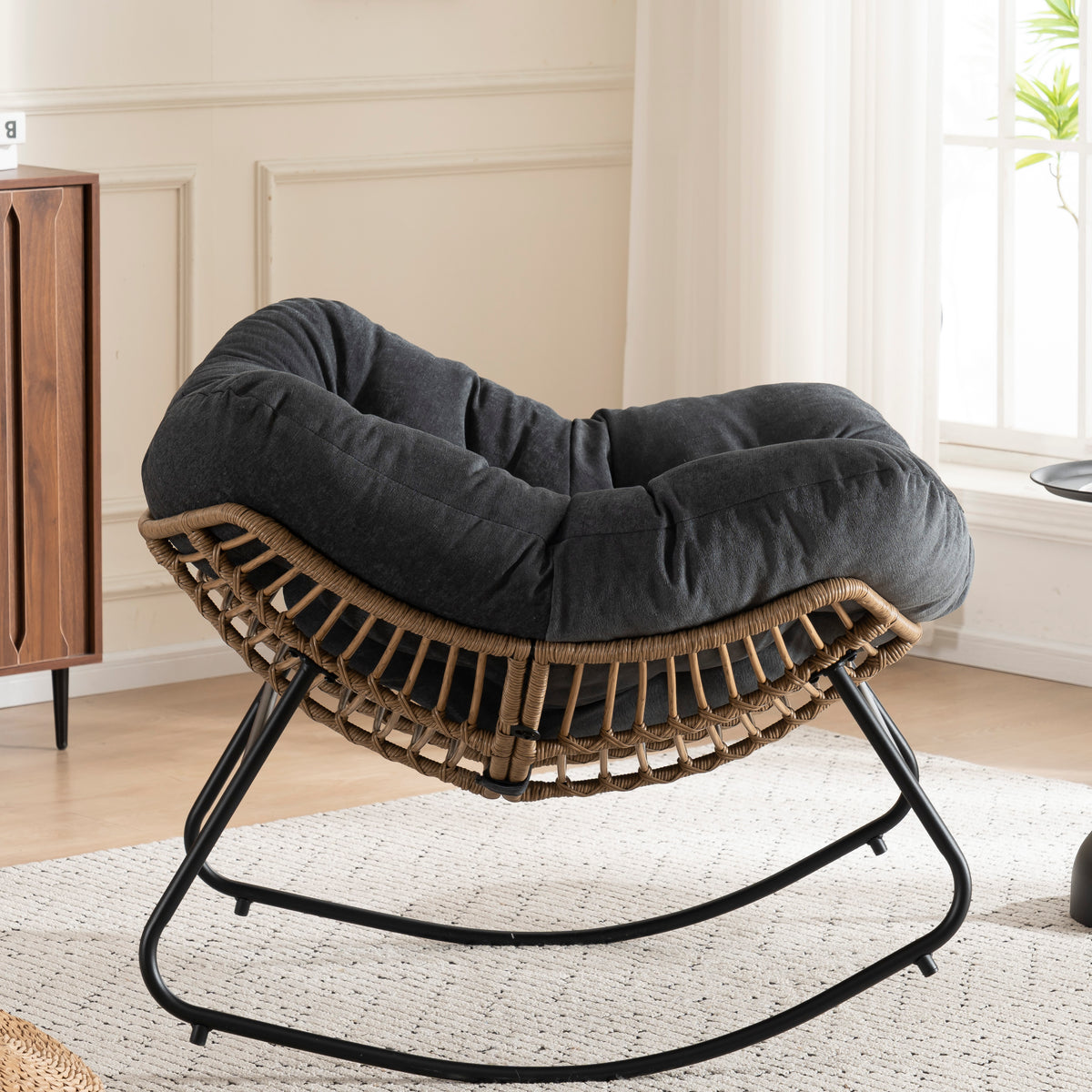 Black Oversized Rattan Rocking Chair with Cushion — detail 8