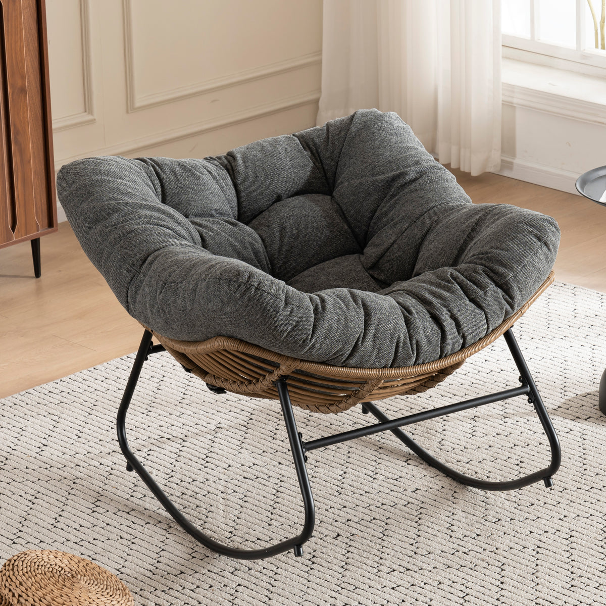 Grey Oversized Rattan Rocking Chair with Cushion — detail 10