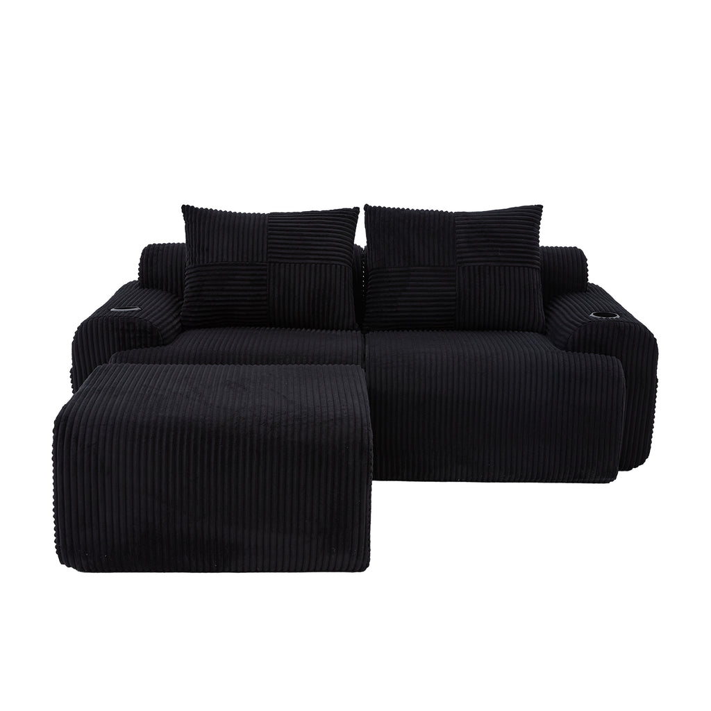 Black Corduroy 2-Seater Modular Sofa with Ottoman — detail 21