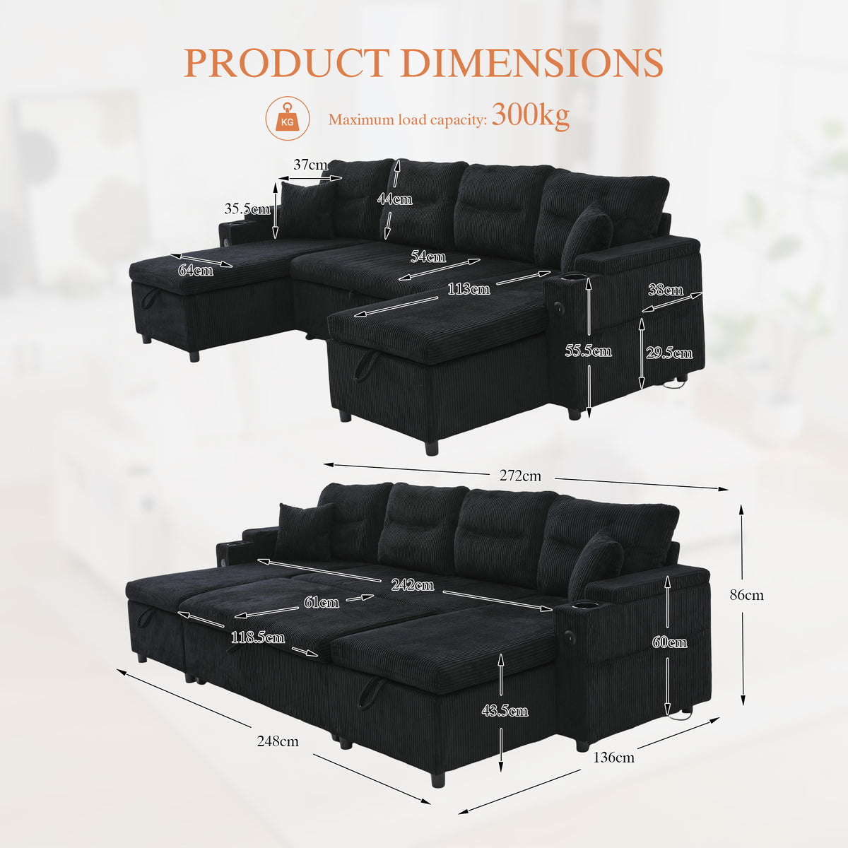 Black Oversized Chenille Chaise Lounge with Pillows — detail 3