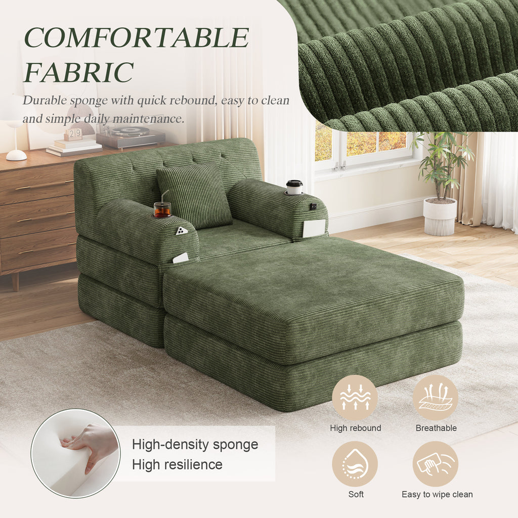 Green Corduroy Sleeper Chair with Ottoman — detail 8