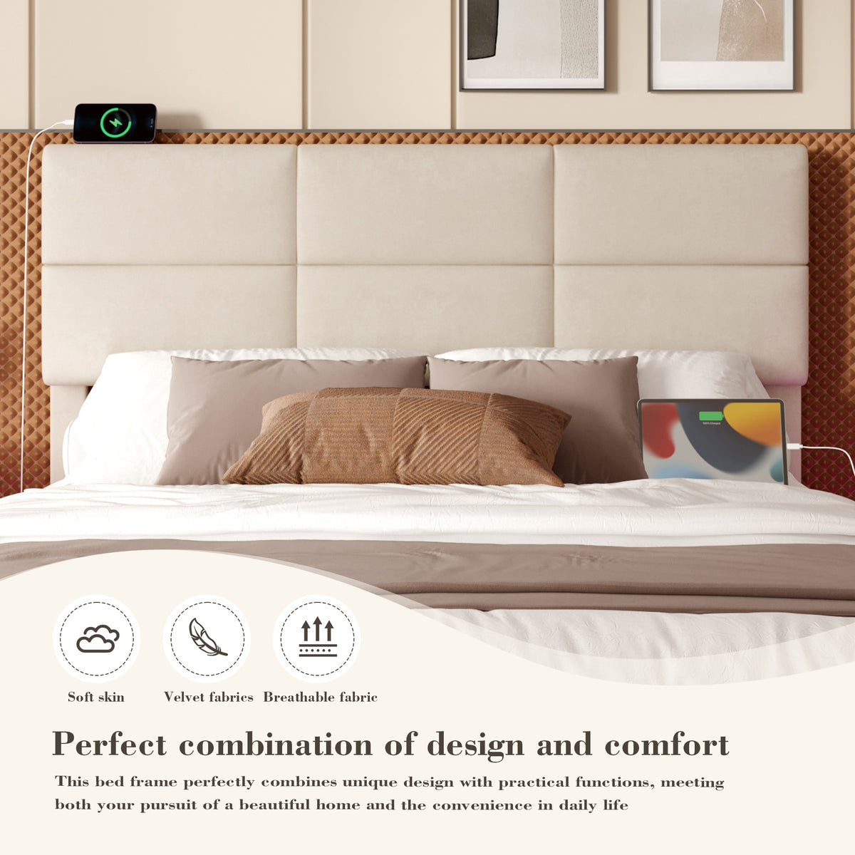 Beige Velvet Storage Bed Frame – 135 × 190 cm — detail 10