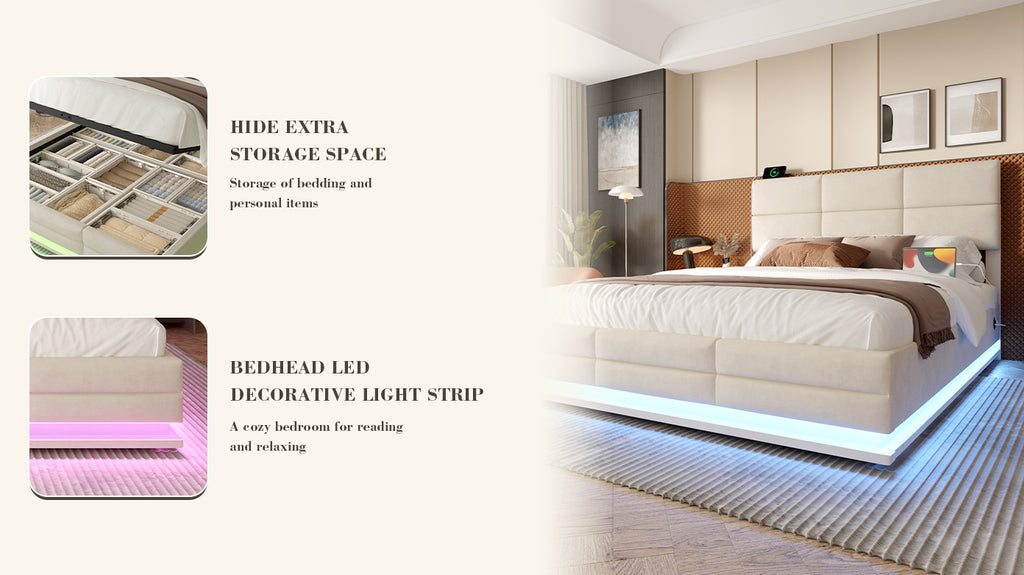Beige Velvet Storage Bed Frame – 135 × 190 cm — detail 11