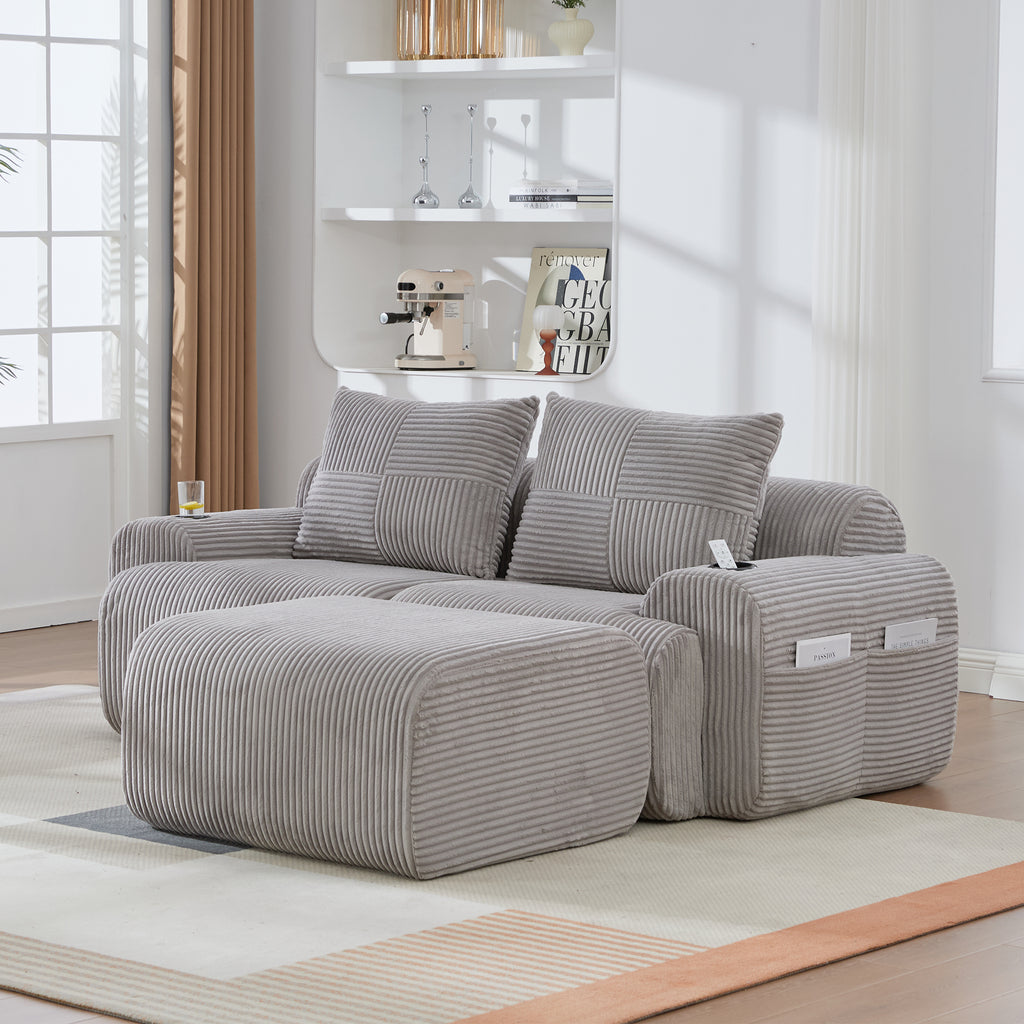 Light Grey Corduroy 2-Seater Modular Sofa with Ottoman — detail 8