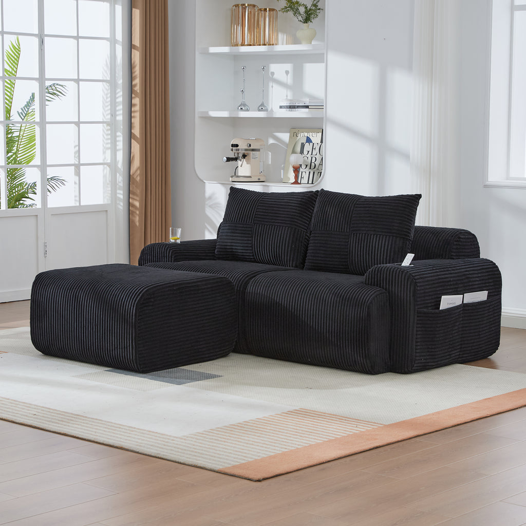 Black Corduroy 2-Seater Modular Sofa with Ottoman — detail 16