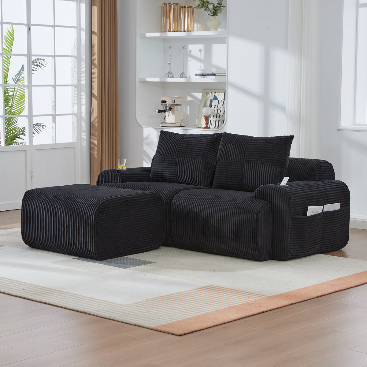 Black Corduroy 2-Seater Modular Sofa with Ottoman — detail 16