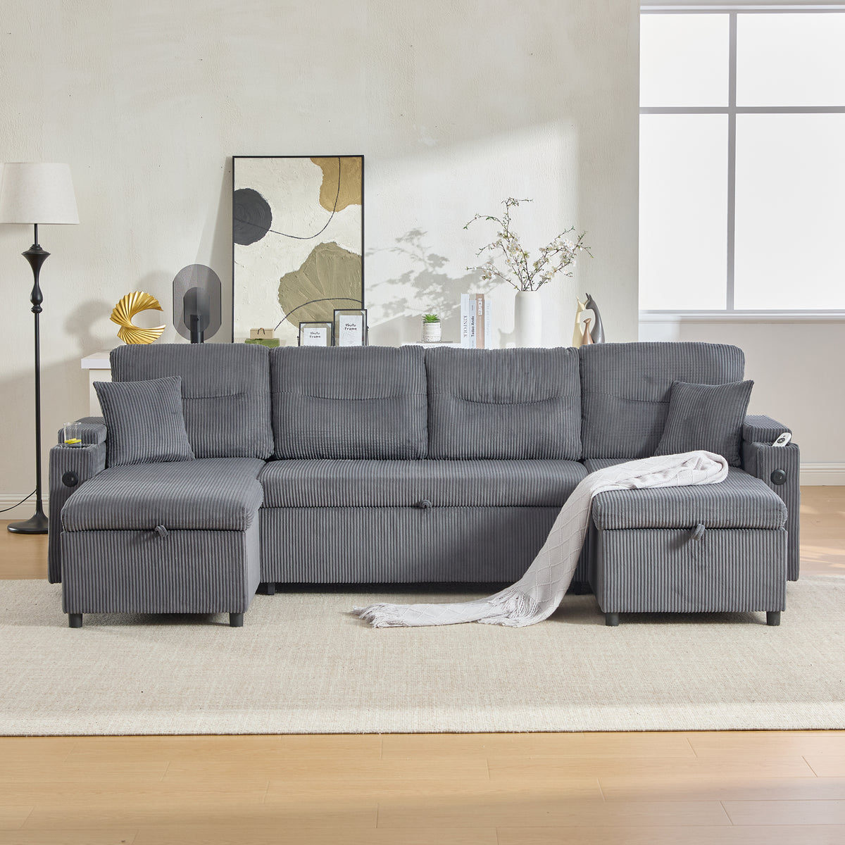 Charcoal grey Oversized Chenille Chaise Lounge with Pillows — detail 4