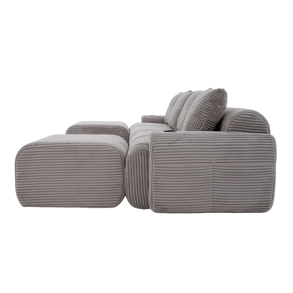 Light Grey Corduroy 4-Seater Modular Sofa with Two Ottomans — detail 15