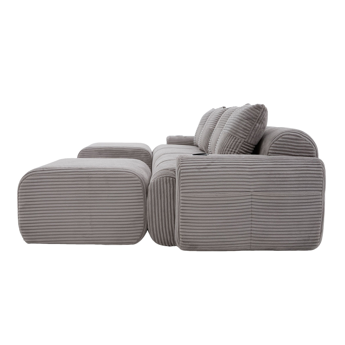 Light Grey Corduroy 4-Seater Modular Sofa with Two Ottomans — detail 15