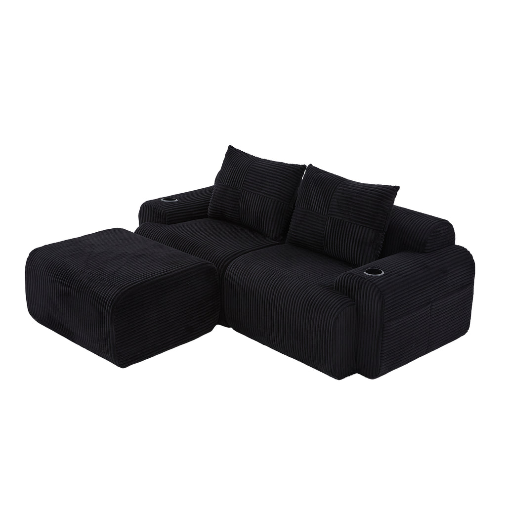 Black Corduroy 2-Seater Modular Sofa with Ottoman — detail 23