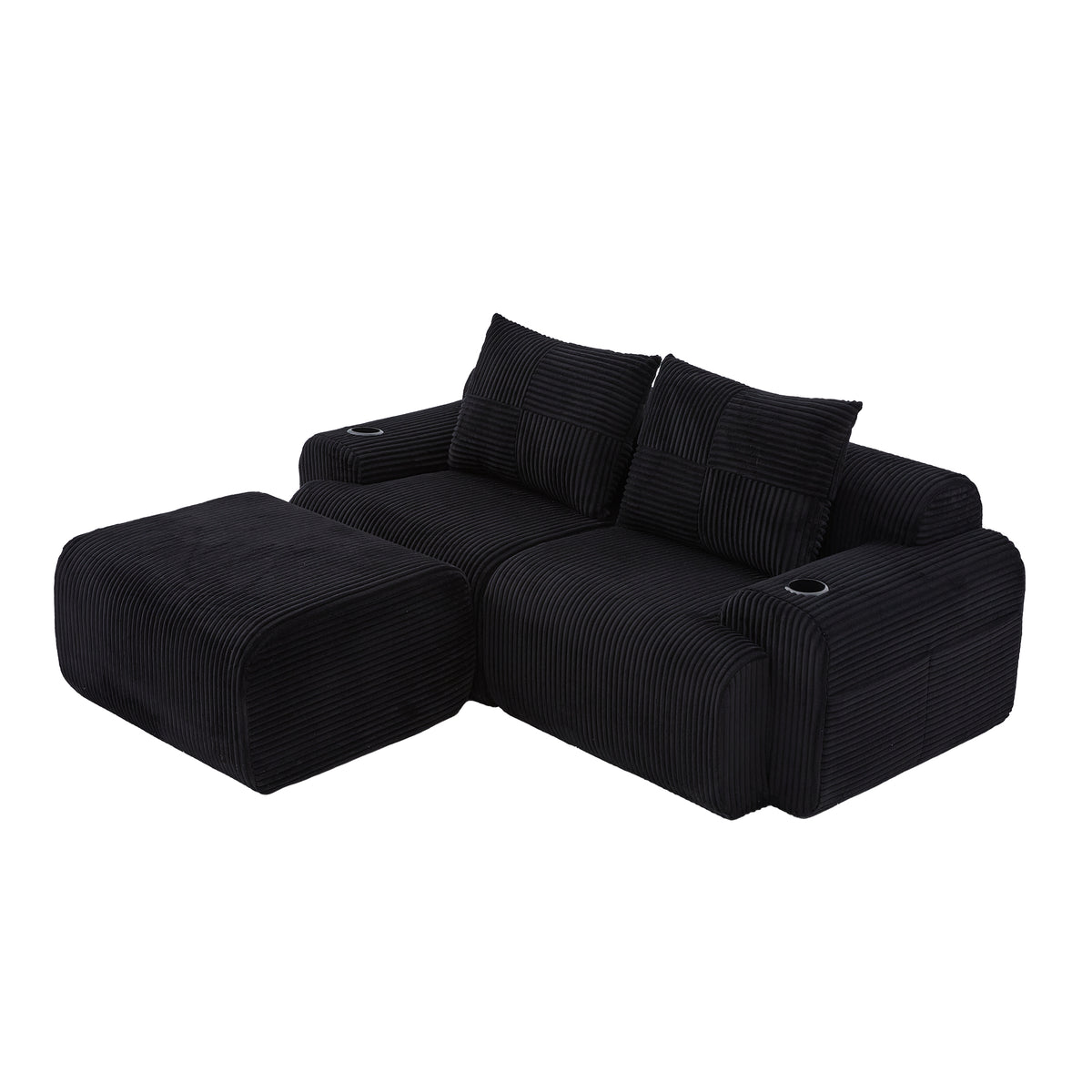 Black Corduroy 2-Seater Modular Sofa with Ottoman — detail 23