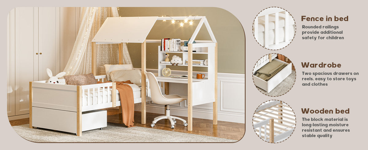 White Wooden House Bed with Desk and Storage – 90 × 190 cm — detail 15