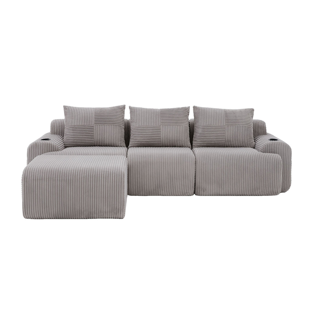 Light Grey Corduroy 3-Seater Modular Sofa with Ottoman — detail 25