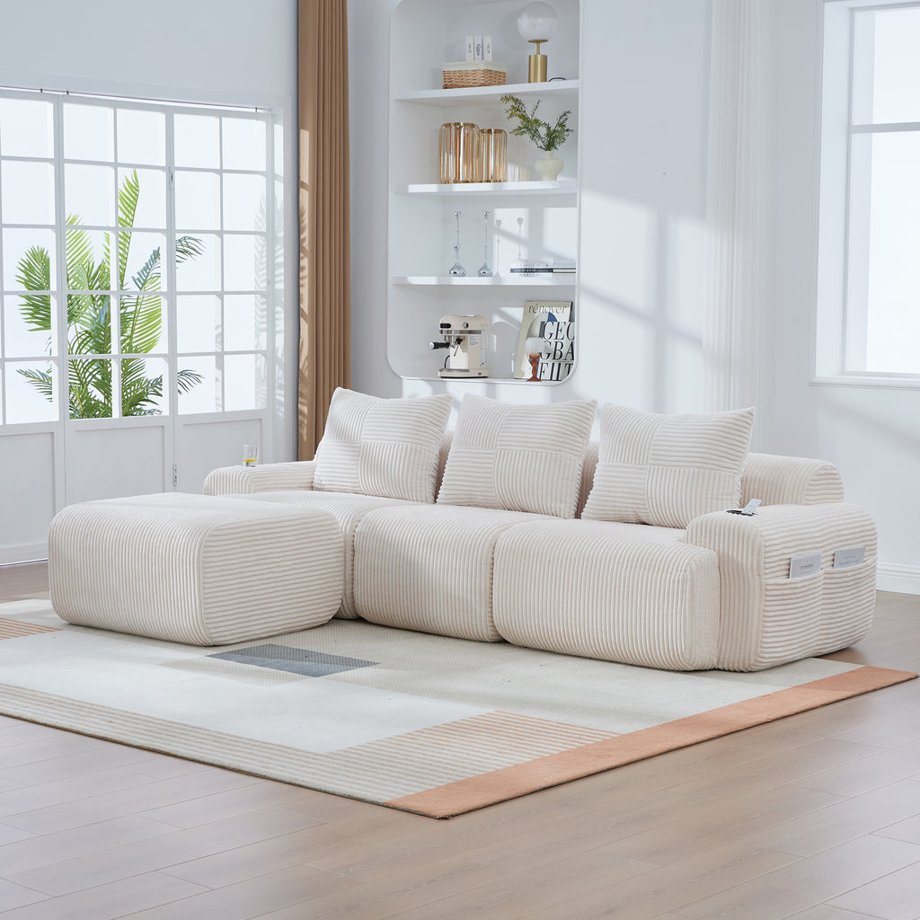 Beige Corduroy 3-Seater Modular Sofa with Ottoman — detail 9