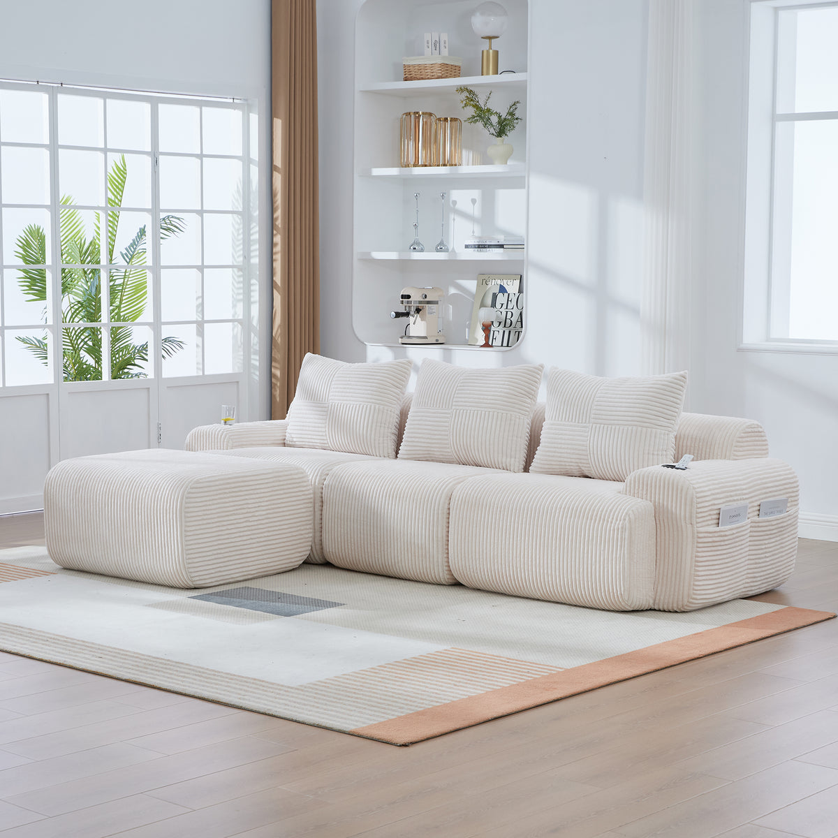 Beige Corduroy 3-Seater Modular Sofa with Ottoman — detail 9