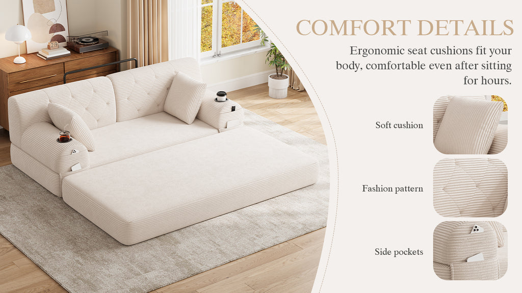Beige Corduroy 2-Seater Sofa Bed — detail 14