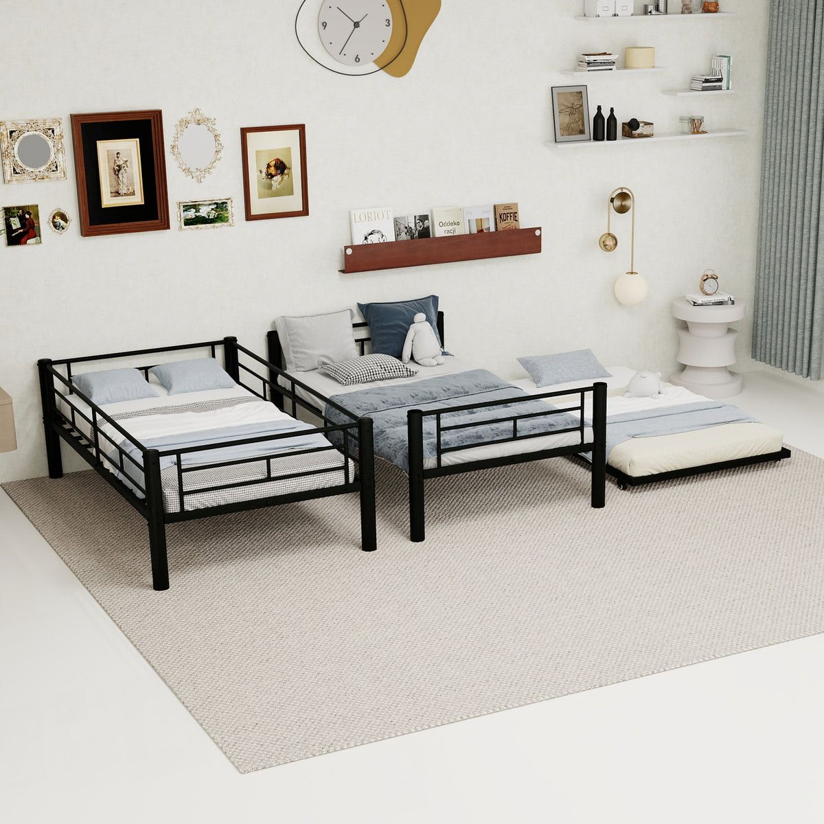 Black Metal Bunk Bed with Pull-Out Trundle – 90 × 190 cm — detail 5