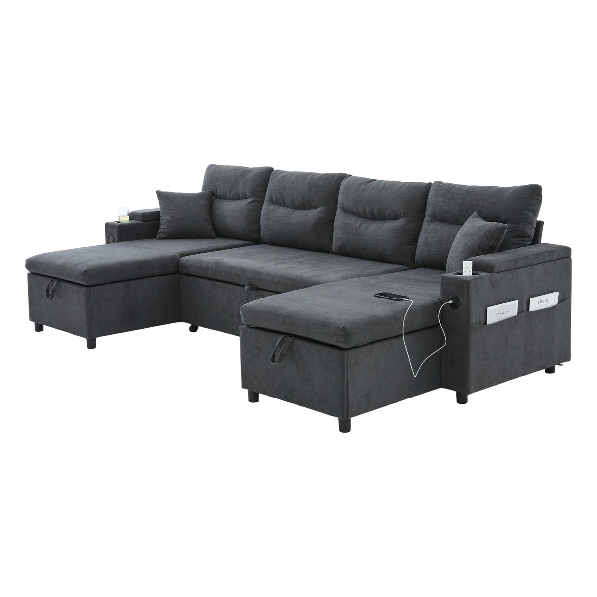 Dark Grey Oversized Chenille Chaise Lounge with Pillows — detail 25