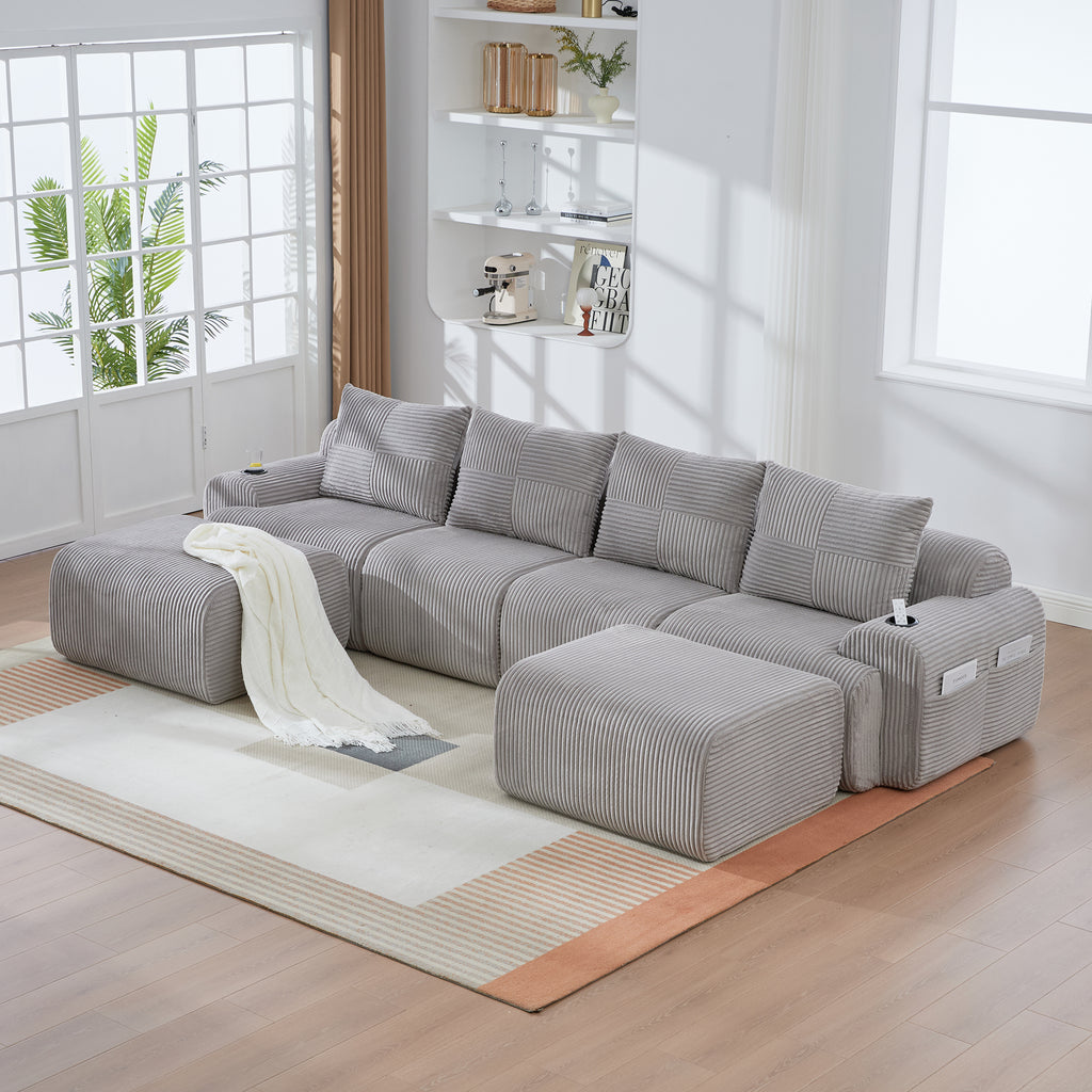 Light Grey Corduroy 4-Seater Modular Sofa with Two Ottomans — detail 9
