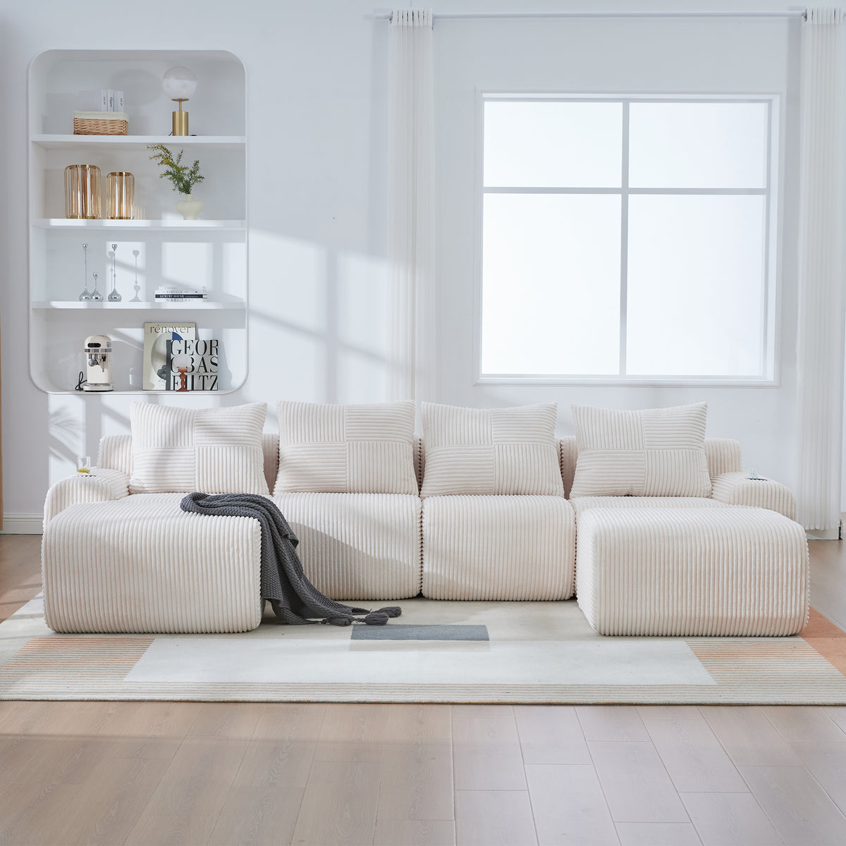 Beige Corduroy 4-Seater Modular Sofa with Two Ottomans — detail 4