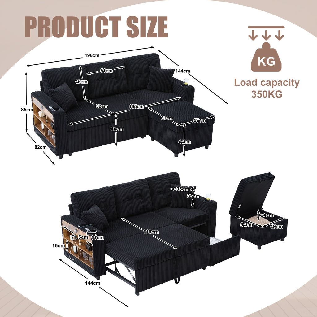 Black Corduroy Sofa Bed — detail 3