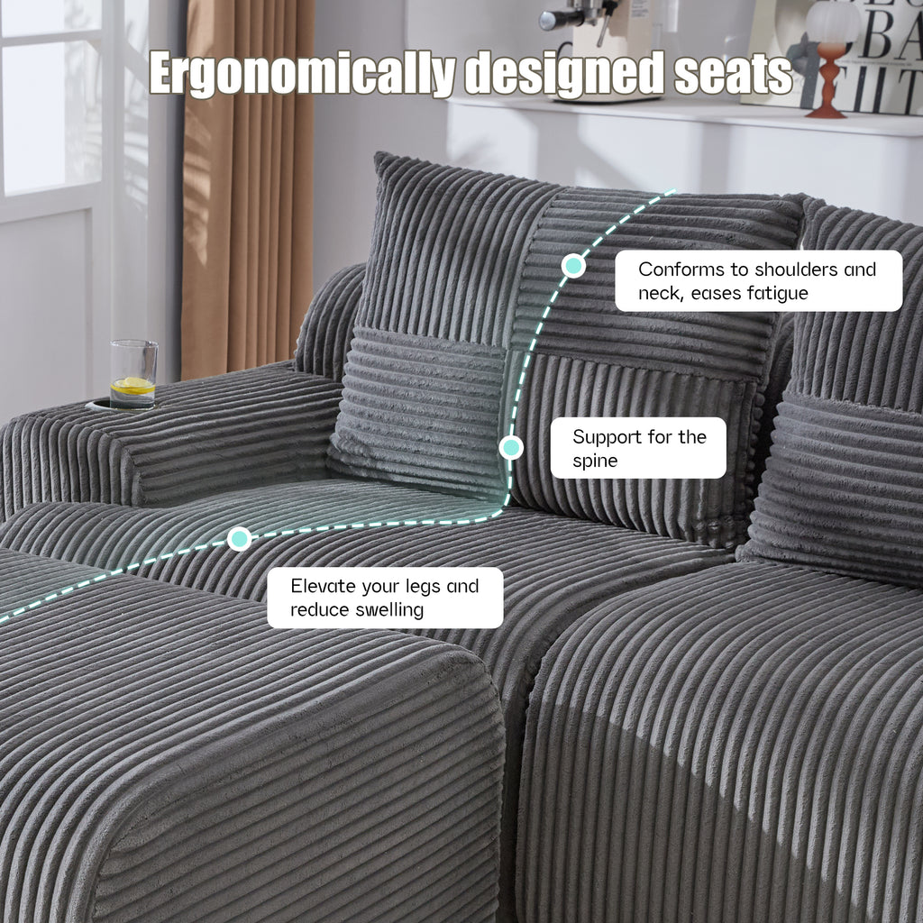 Dark Grey Corduroy 4-Seater Modular Sofa with Two Ottomans — detail 3