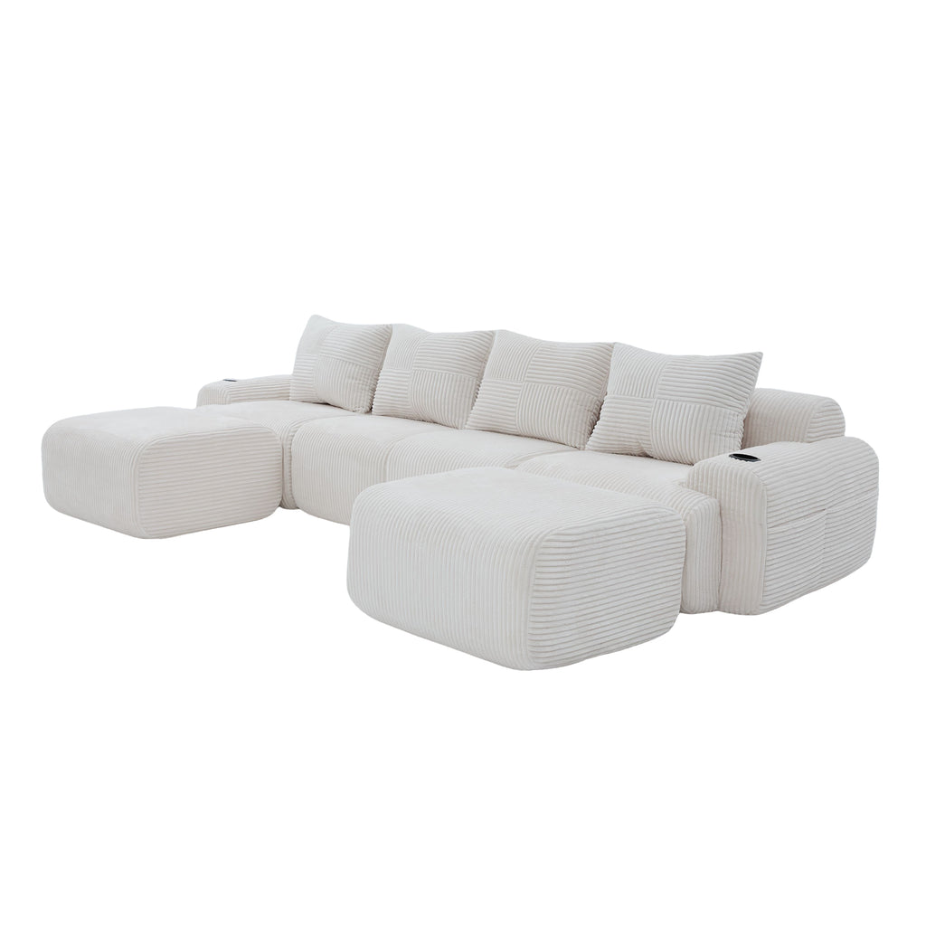 Beige Corduroy 4-Seater Modular Sofa with Two Ottomans — detail 20