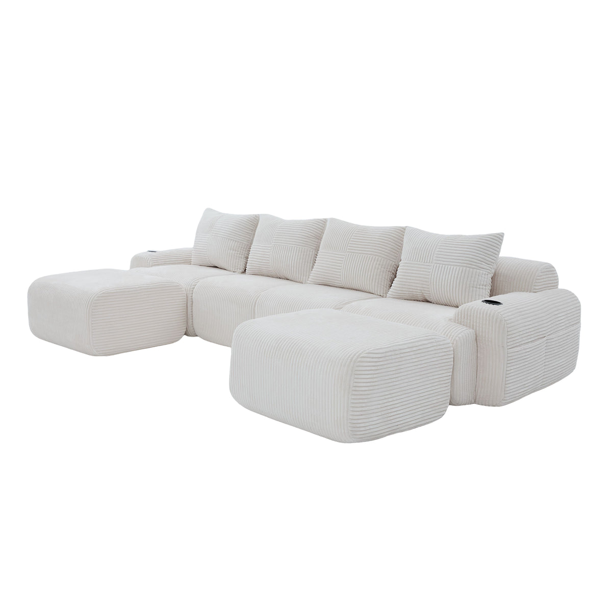 Beige Corduroy 4-Seater Modular Sofa with Two Ottomans — detail 20