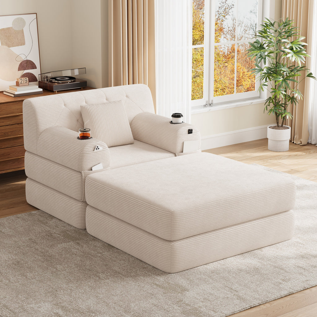 Beige Corduroy Sleeper Chair with Ottoman — detail 4