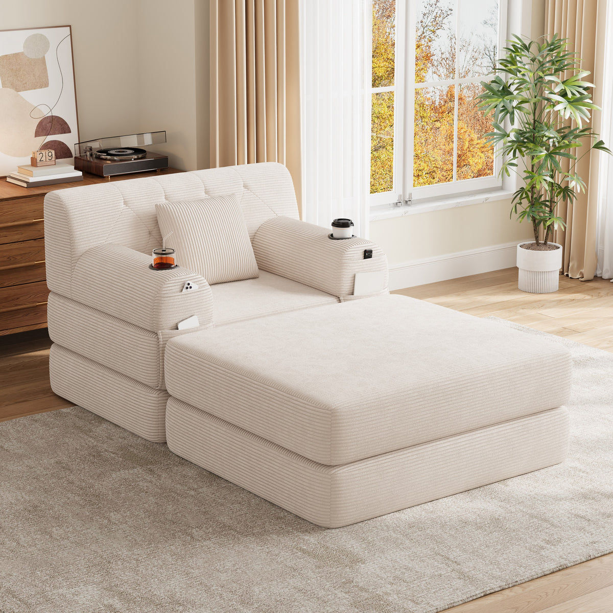 Beige Corduroy Sleeper Chair with Ottoman — detail 4