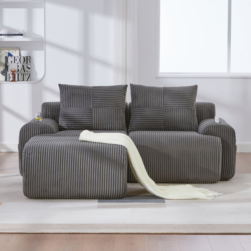 Dark Grey Corduroy 2-Seater Modular Sofa with Ottoman — detail 15