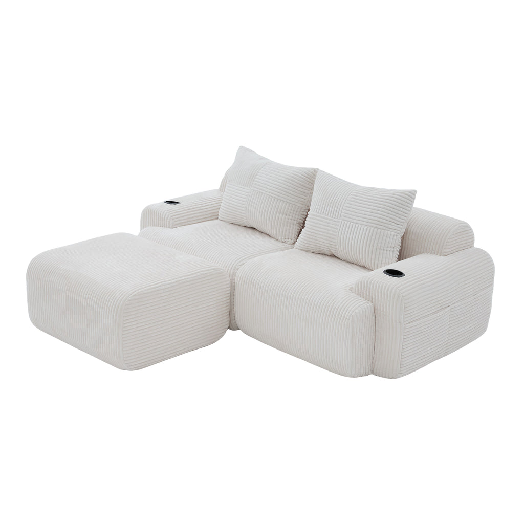 Beige Corduroy 2-Seater Modular Sofa with Ottoman — detail 23