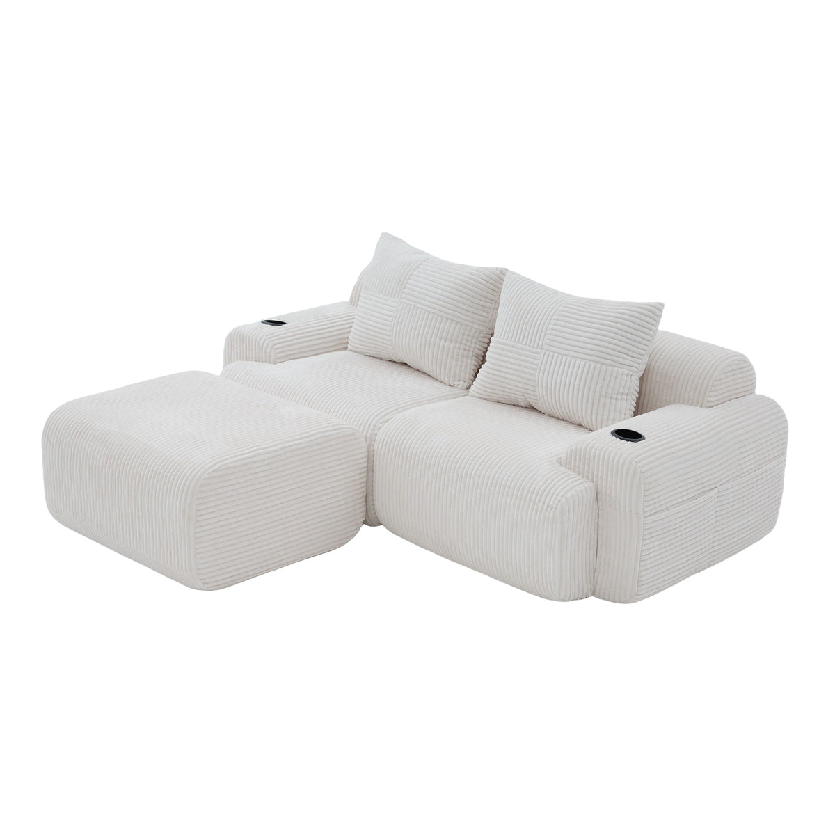 Beige Corduroy 2-Seater Modular Sofa with Ottoman — detail 23