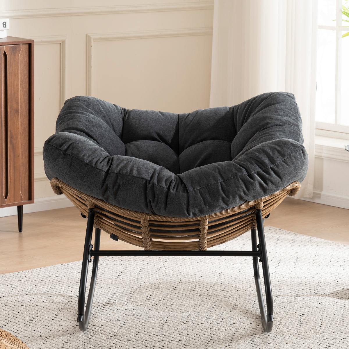 Black Oversized Rattan Rocking Chair with Cushion — detail 4