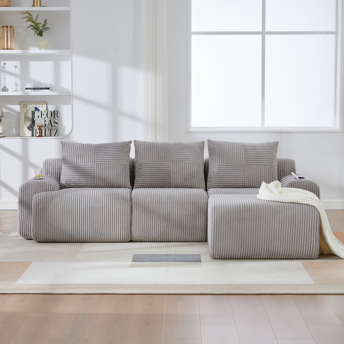 Light Grey Corduroy 3-Seater Modular Sofa with Ottoman — detail 9