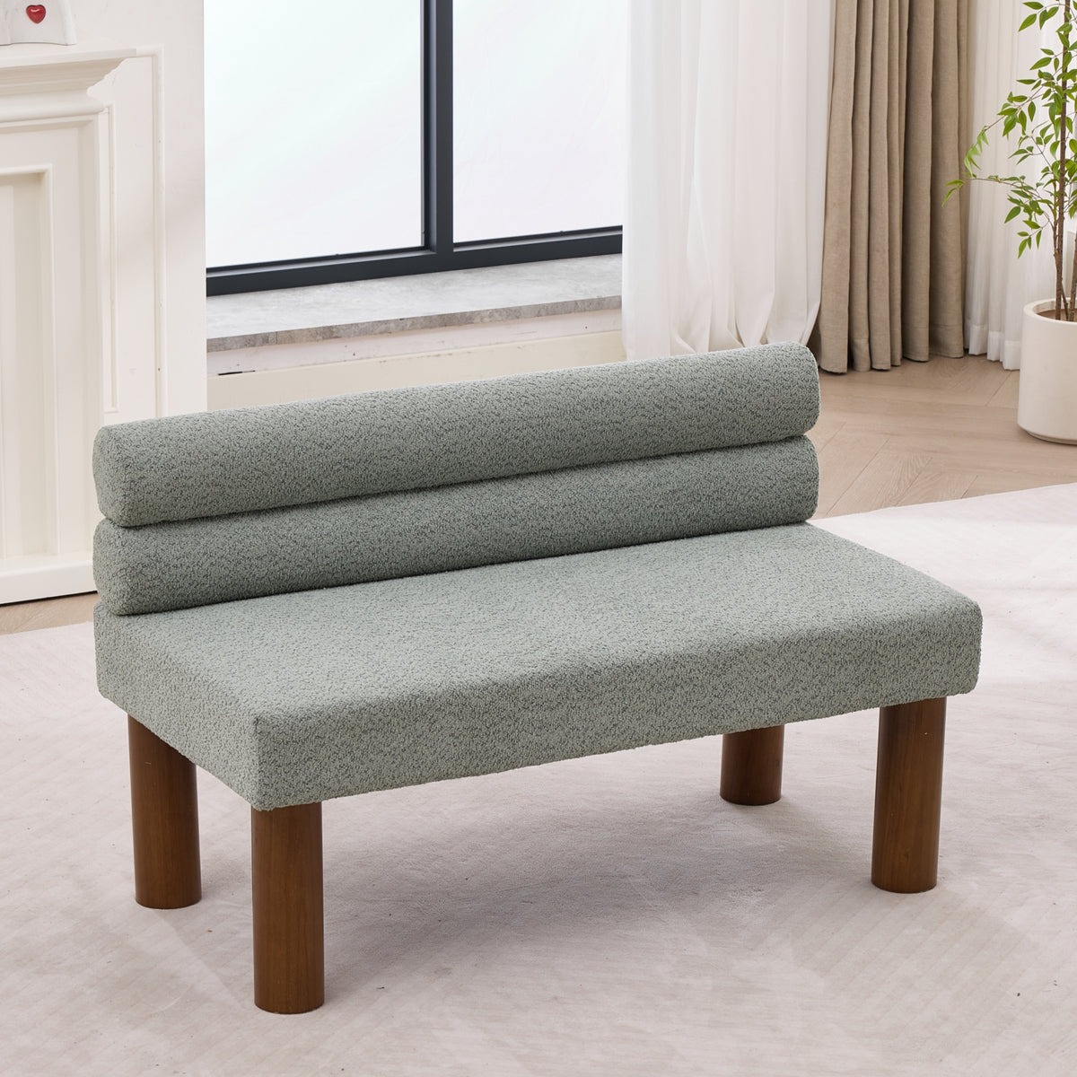 Green Bouclé Upholstered Bench with Backrest — detail 4