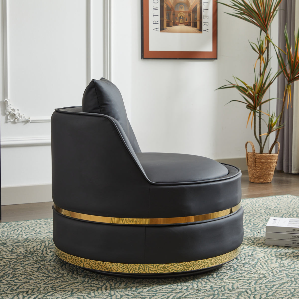 Black Faux Leather 360° Swivel Barrel Chair — detail 3