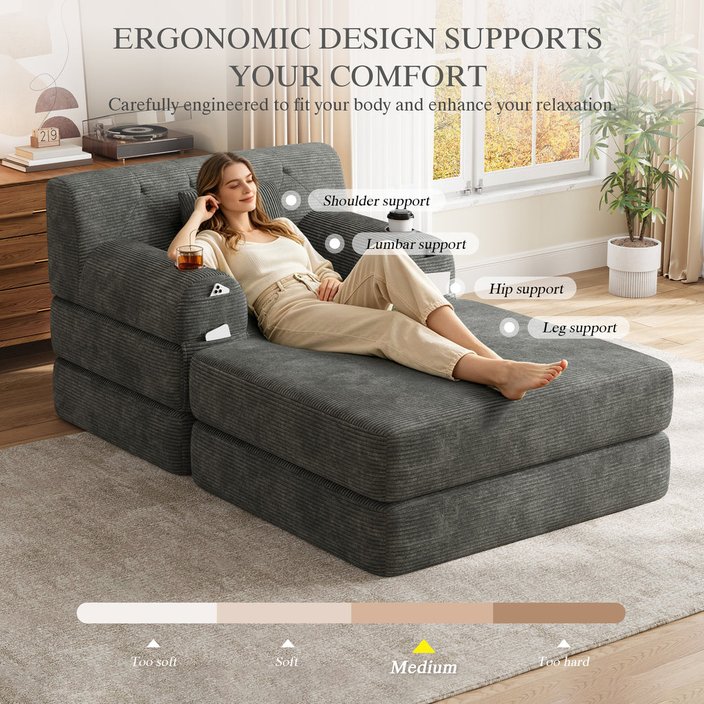 Dark Grey Corduroy Sleeper Chair with Ottoman — detail 7