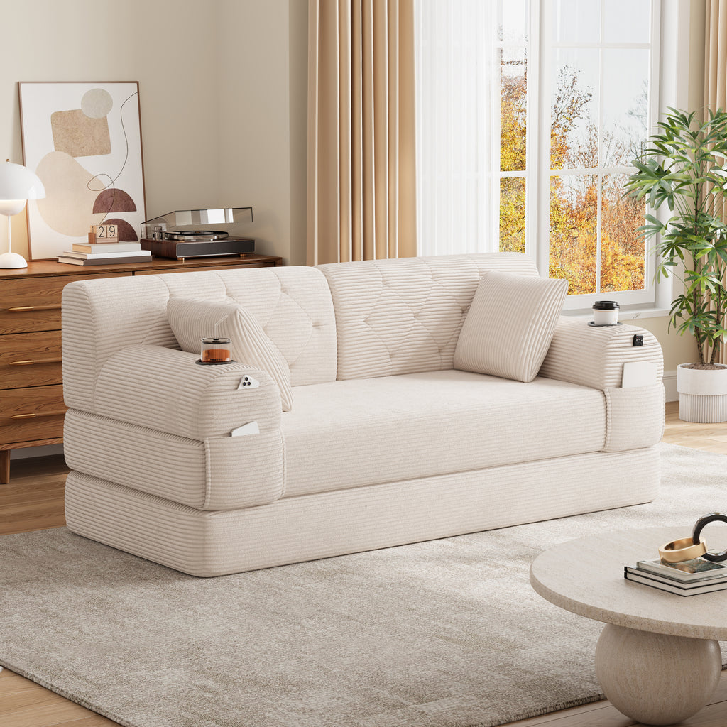 Beige Corduroy 2-Seater Sofa Bed — detail 8