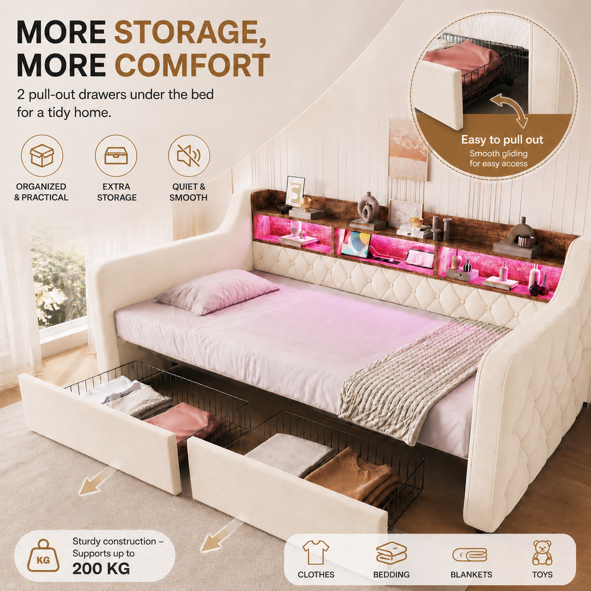 Beige Velvet Storage Bed Frame – 90 × 190 cm — detail 4