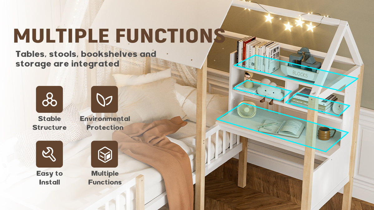 White Wooden House Bed with Desk and Storage – 90 × 190 cm — detail 12