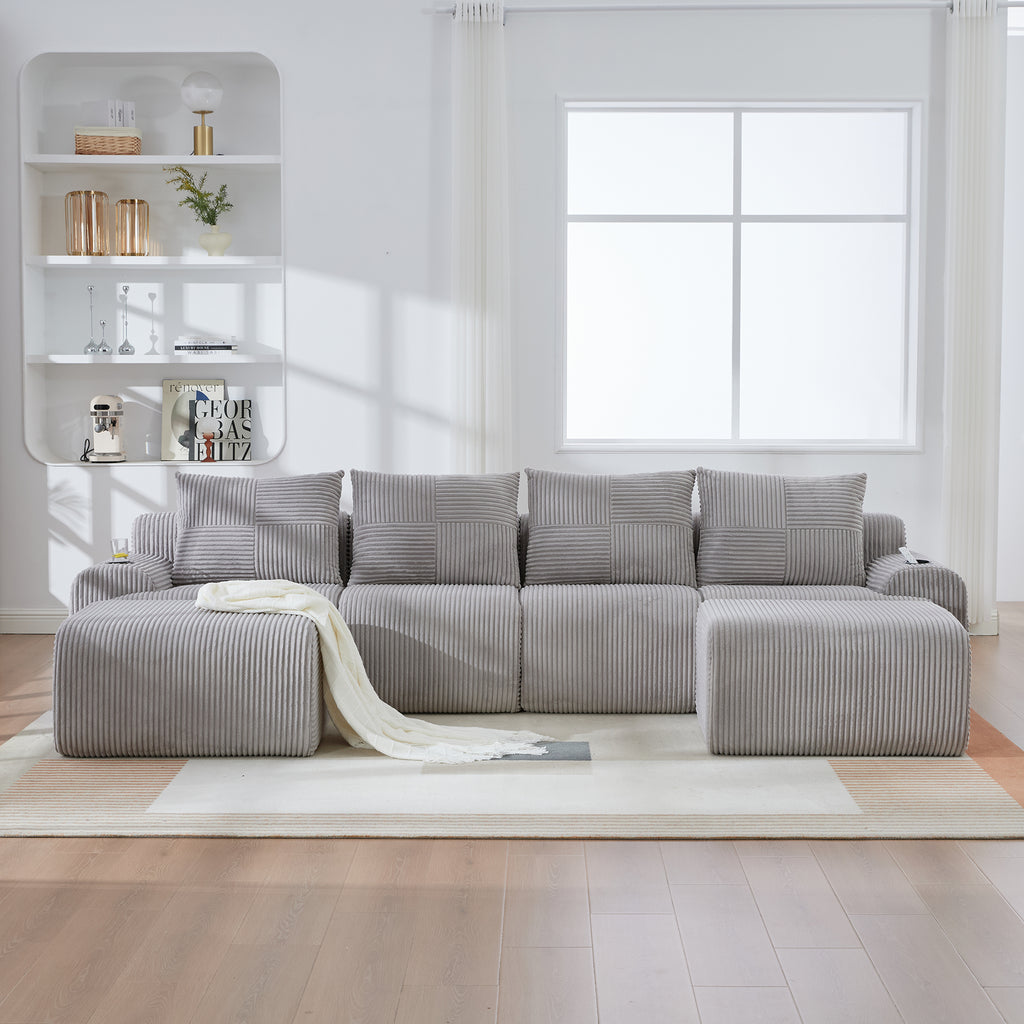 Light Grey Corduroy 4-Seater Modular Sofa with Two Ottomans — detail 4
