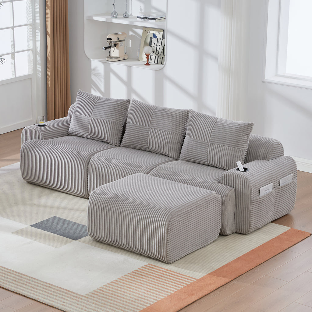 Light Grey Corduroy 3-Seater Modular Sofa with Ottoman — detail 12