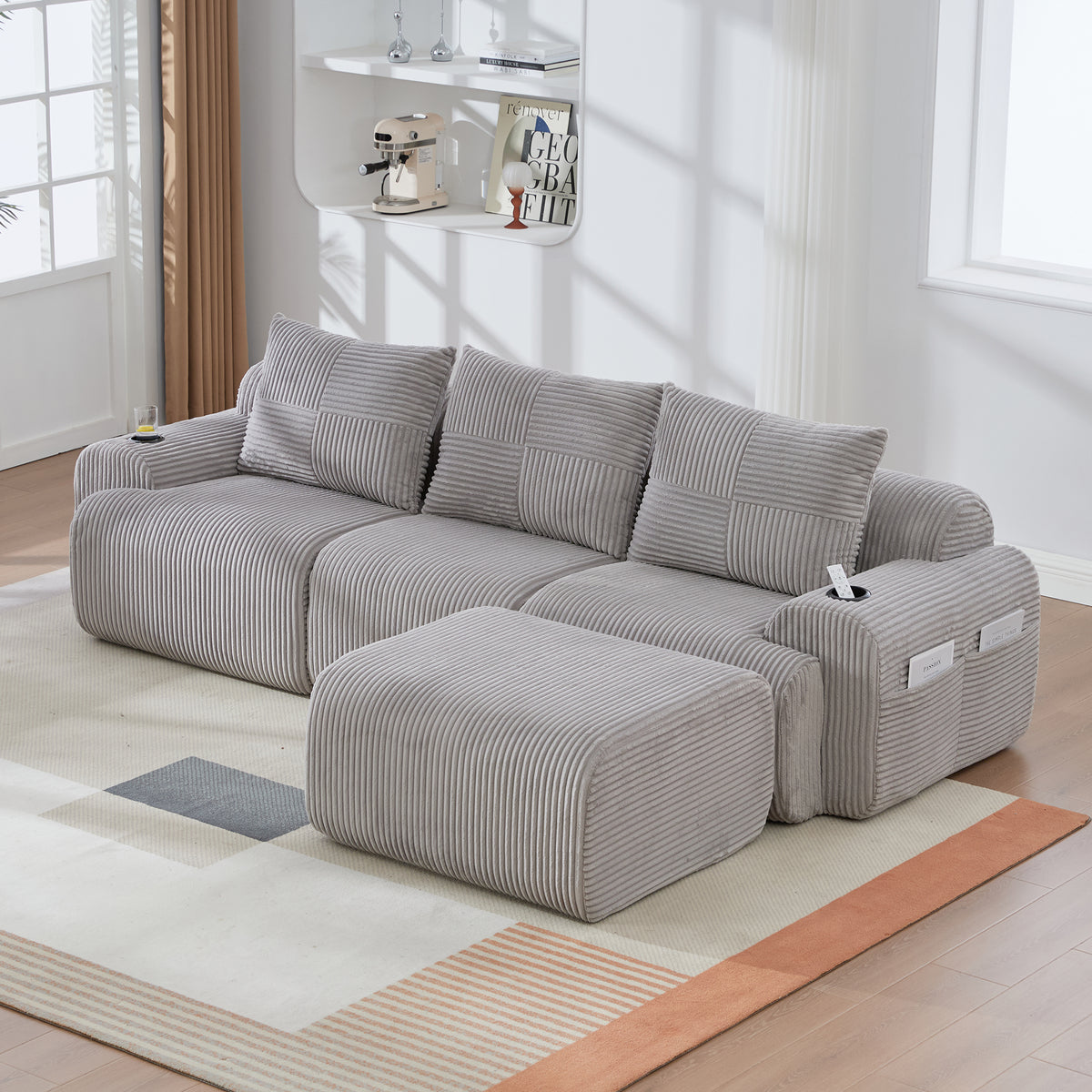 Light Grey Corduroy 3-Seater Modular Sofa with Ottoman — detail 12
